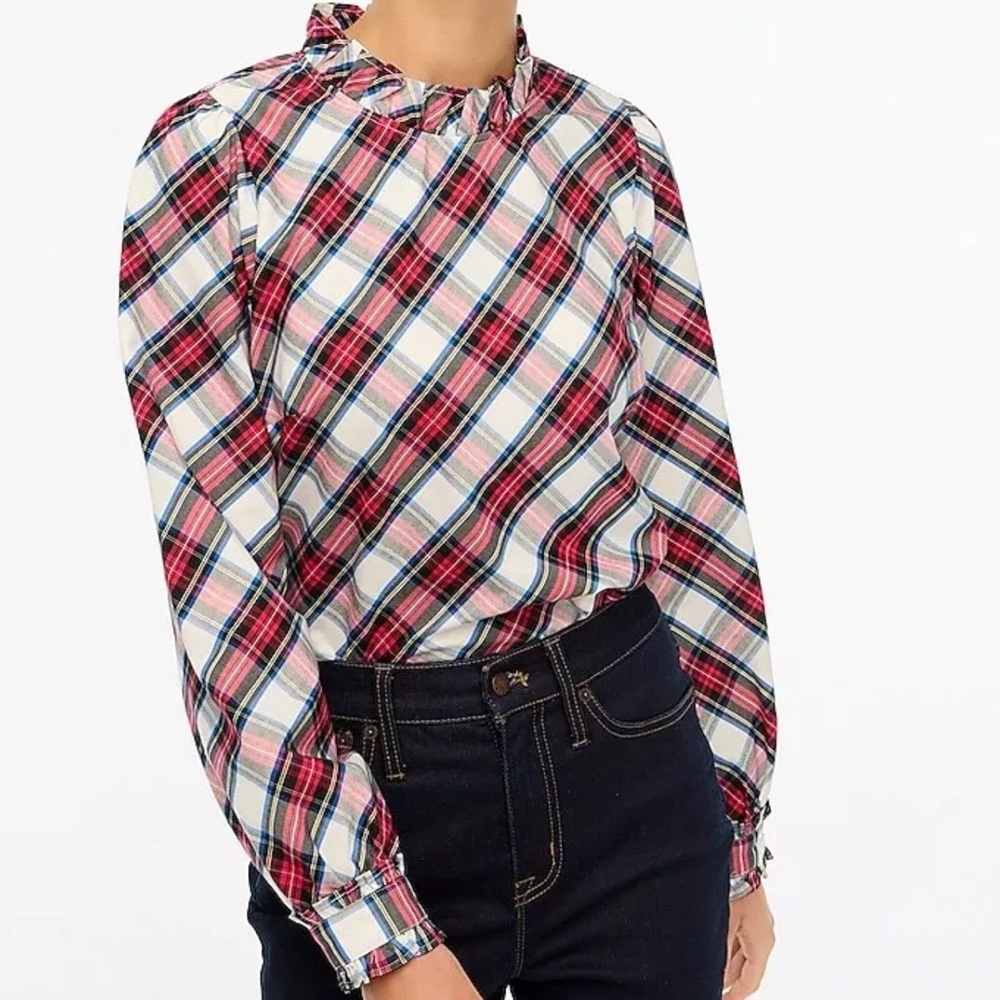 JCREW Cotton-blend Tartan Plaid poplin ruffleneck top, size XS